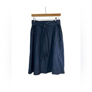 Talbots Chambray Midi Skirt Tie Waist Blue Cotton Petite 10P coastal cottagecore